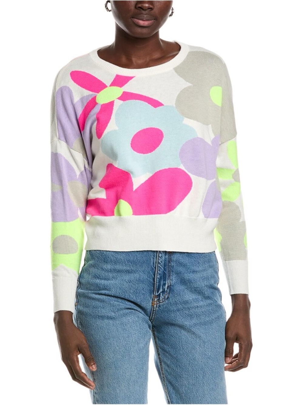 Abstract Floral Crewneck Sweater - White with Pink & Pastel Accents
